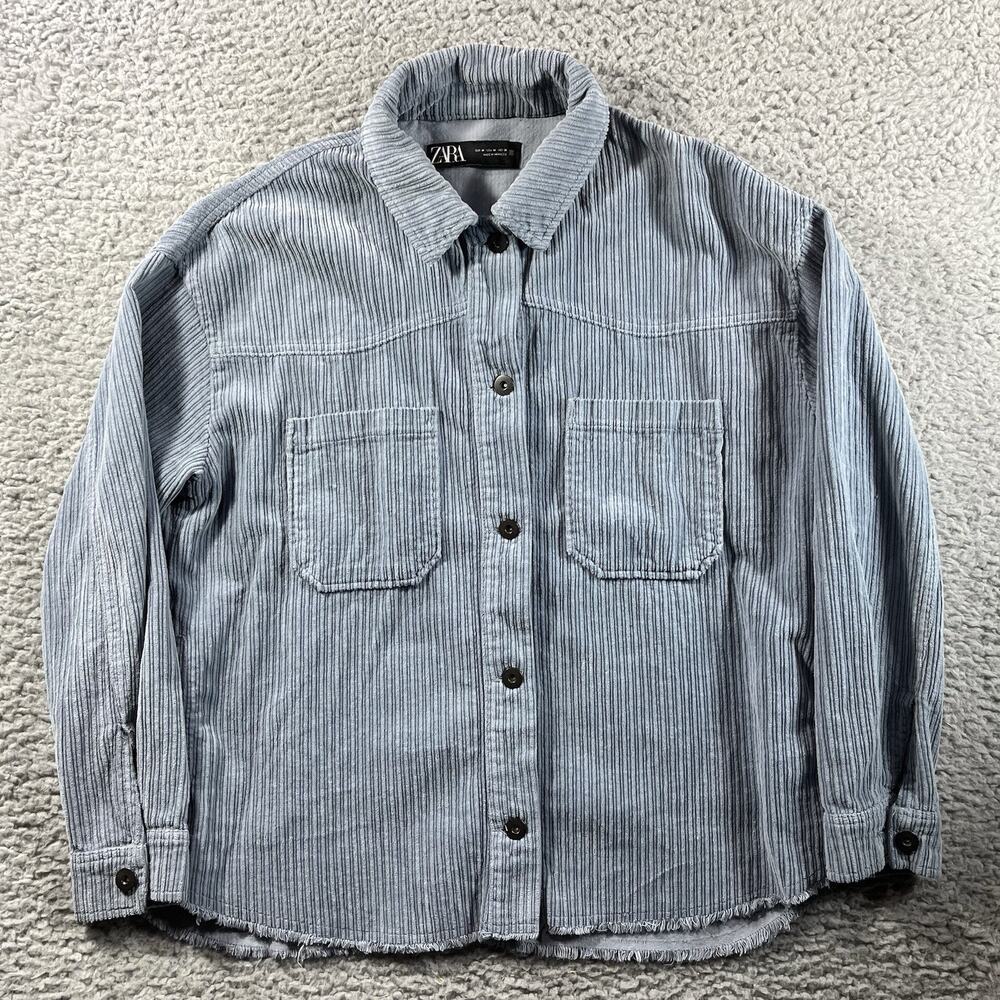 Zara Blue Gray Corduroy Overshirt Shacket Jacket Raw Hem Size Medium M